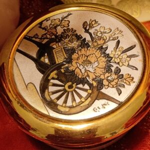 The Art Of Chokin Plate Gold Edge 6-1/2” Flowers Cart Made In Japan Trinket Box